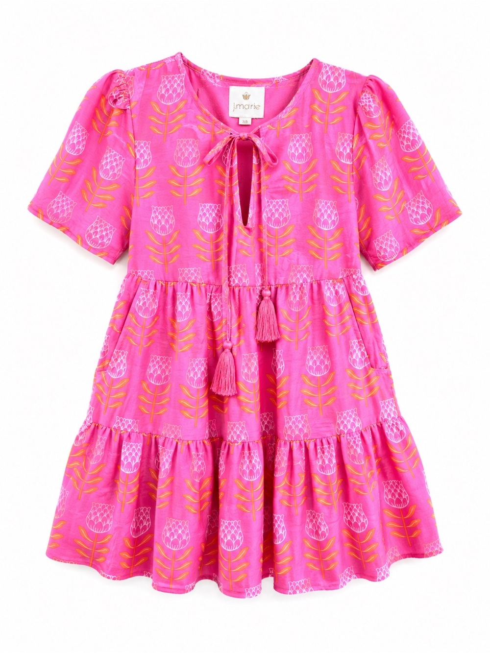 J Marie XS Pink Floral Block Print Tiered Babydoll Tassel Mini Dress Resort Boho